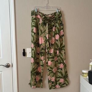 Agua Bendita Olive Green Wide-Leg Floral Pants with Pink Bloom Print